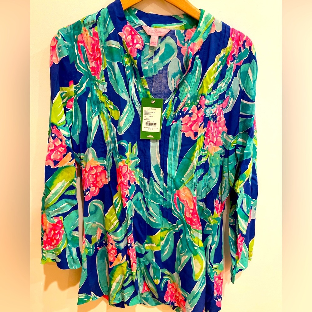 Lilly Pulitzer NEW WITH TAG $128 Tunic V Neck Tropical   floral Resort Lily